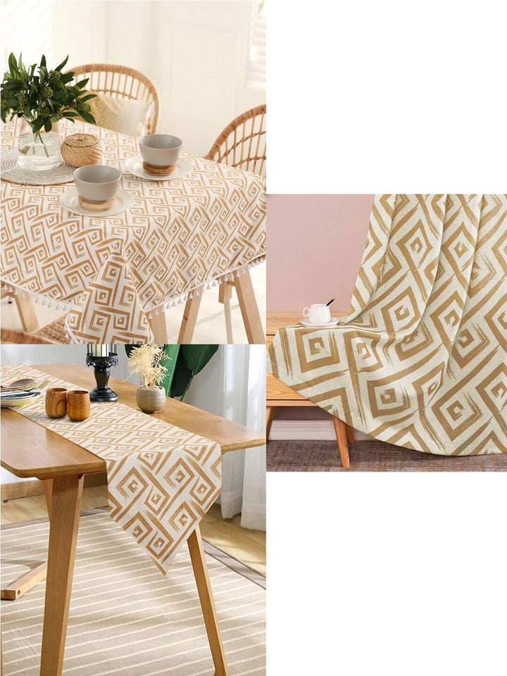 URBAN SPACE Taupe & White Printed Pure Cotton 4-Seater Table Cover