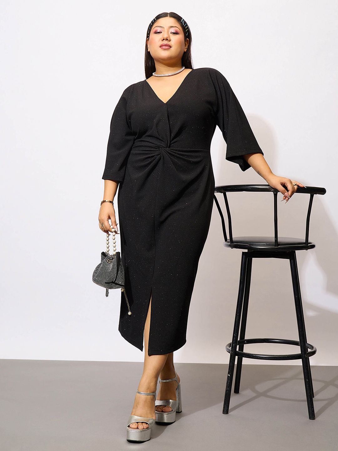 SASSAFRAS Curve Plus Size Black Glitter V-Neck Knot Sheath Midi Dress