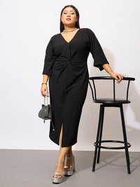 SASSAFRAS Curve Plus Size Black Glitter V-Neck Knot Sheath Midi Dress