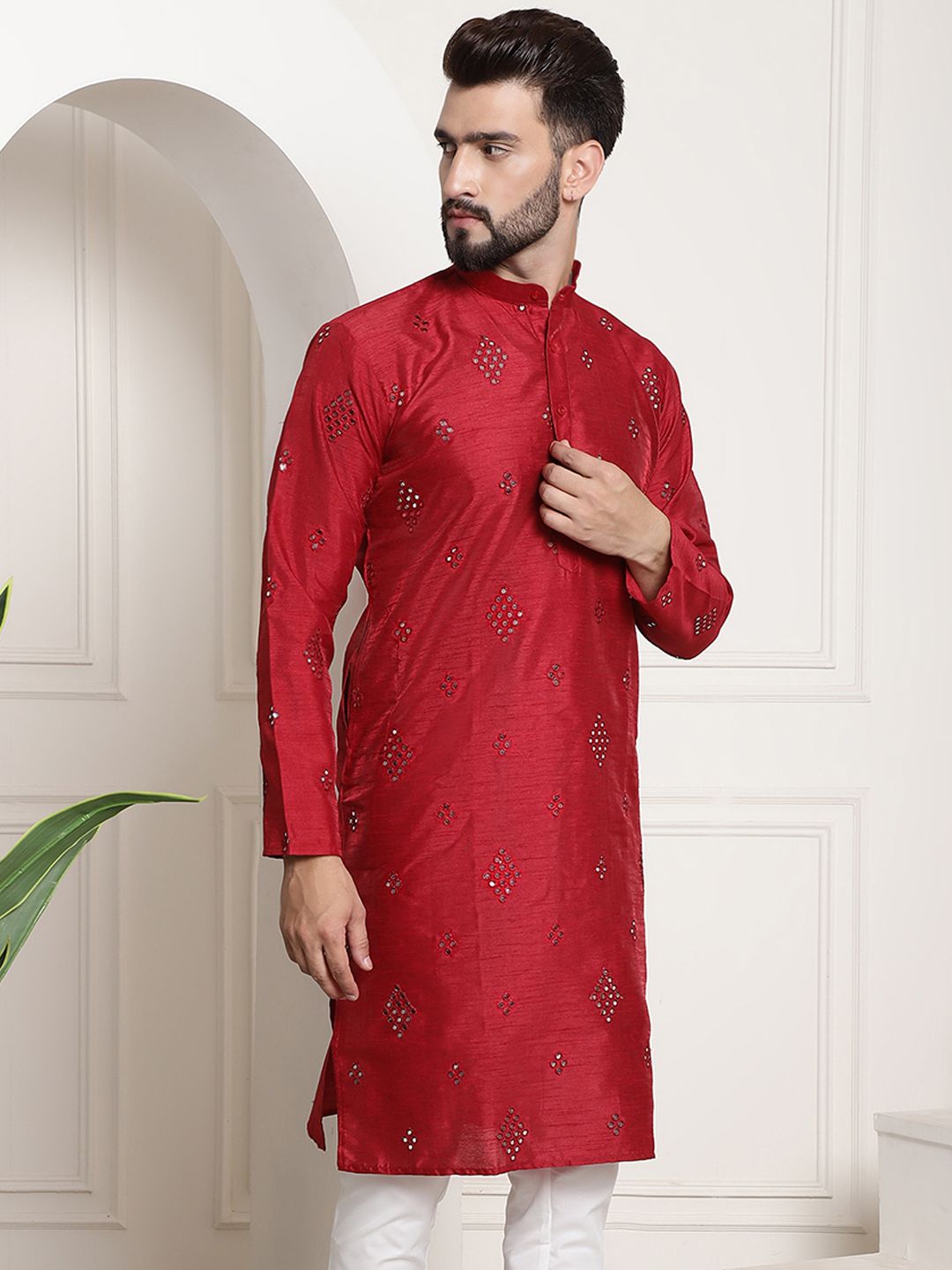 SOJANYA Ethnic Motifs Embellished Mirror Work Cotton Silk Kurta