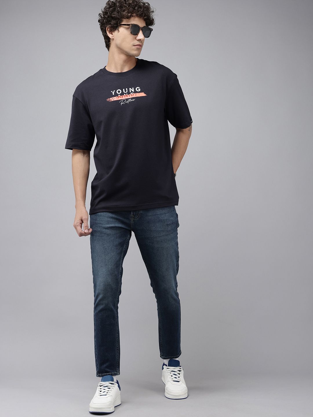 SPYKAR Typography Printed Drop-Shoulder Sleeves Oversized T-shirt