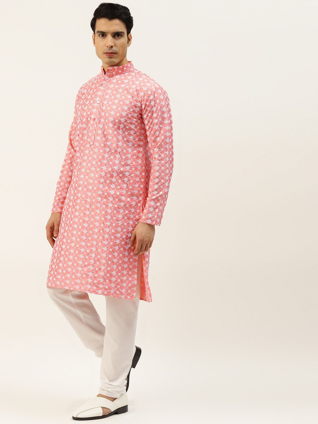 SOJANYA Men Pink & White Embroidered Thread Work Kurta with Churidar & Nehru Jacket