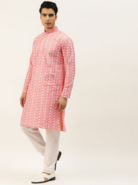 SOJANYA Men Pink & White Embroidered Thread Work Kurta with Churidar & Nehru Jacket