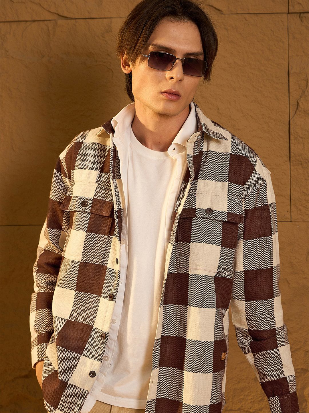 DENNISON Men Double Pocket Drop Shoulder Oversized Cotton Checked Shacket