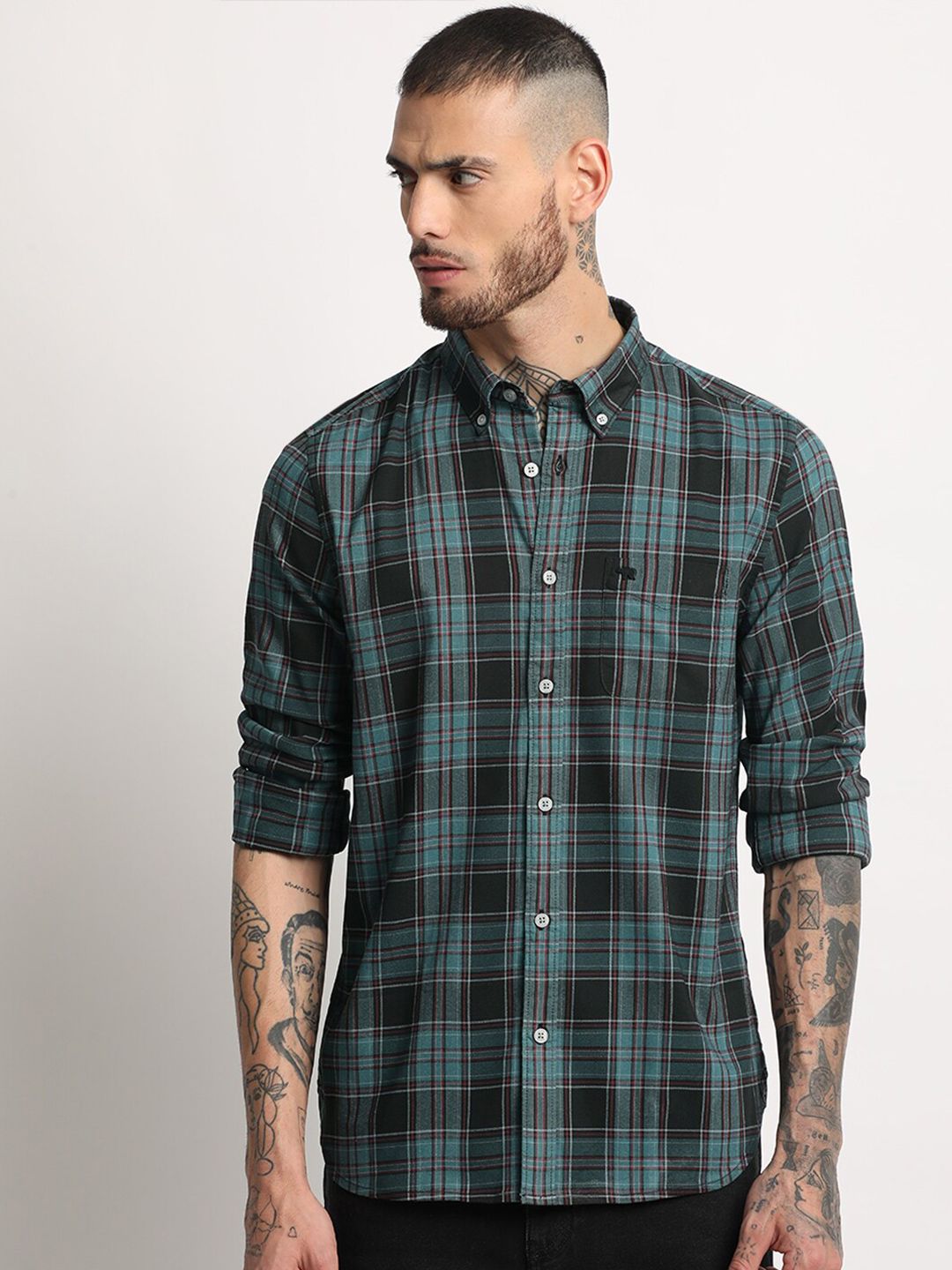 THE BEAR HOUSE Slim Fit Tartan Checks Opaque Checked Casual Shirt