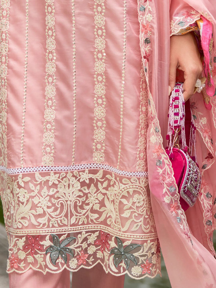 Indo Era Floral Embroidered Sequinned Straight Kurta with Trouser & Dupatta