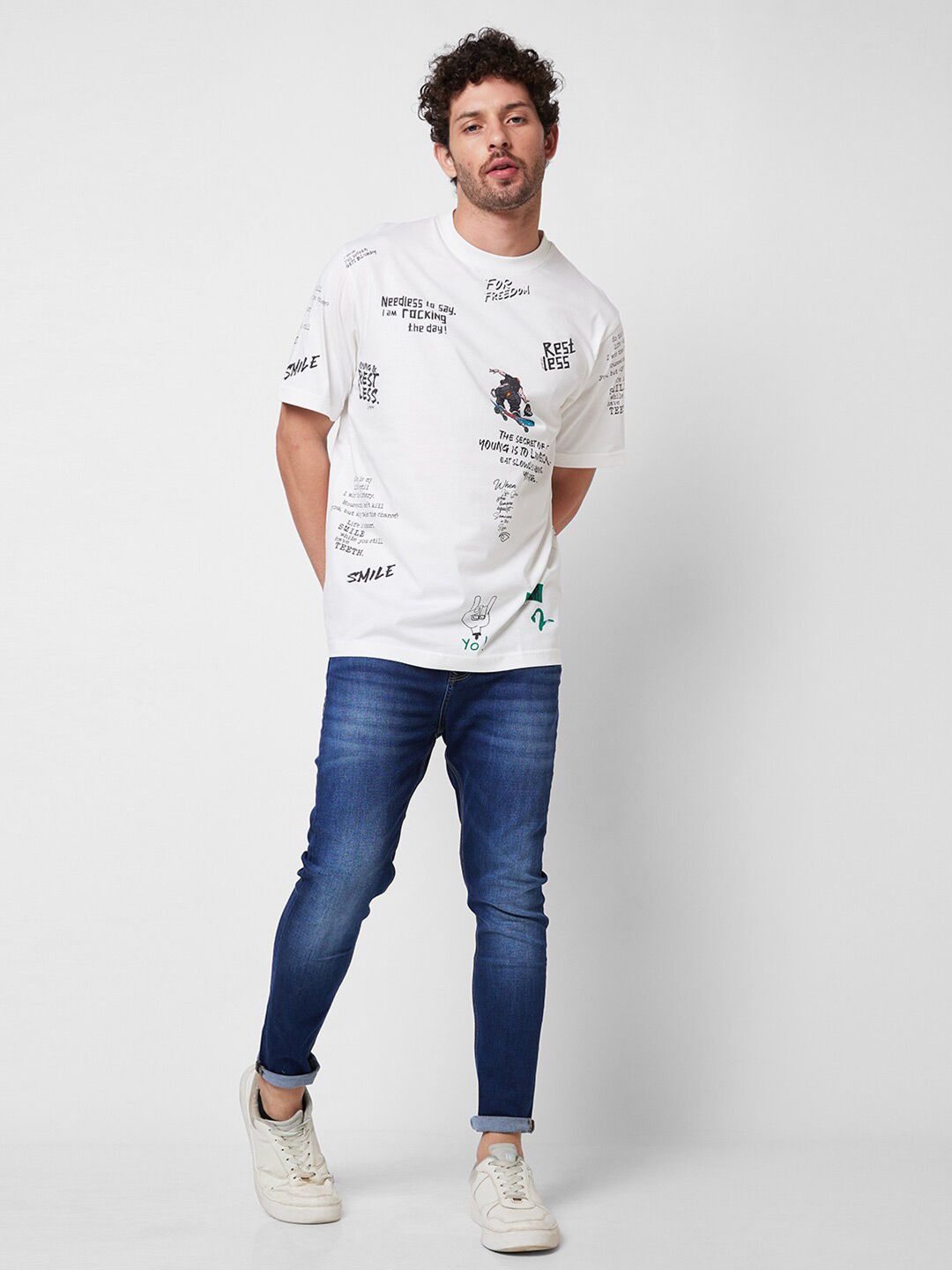 SPYKAR Round Neck Short Sleeves Typography Printed Pure Cotton T-shirt