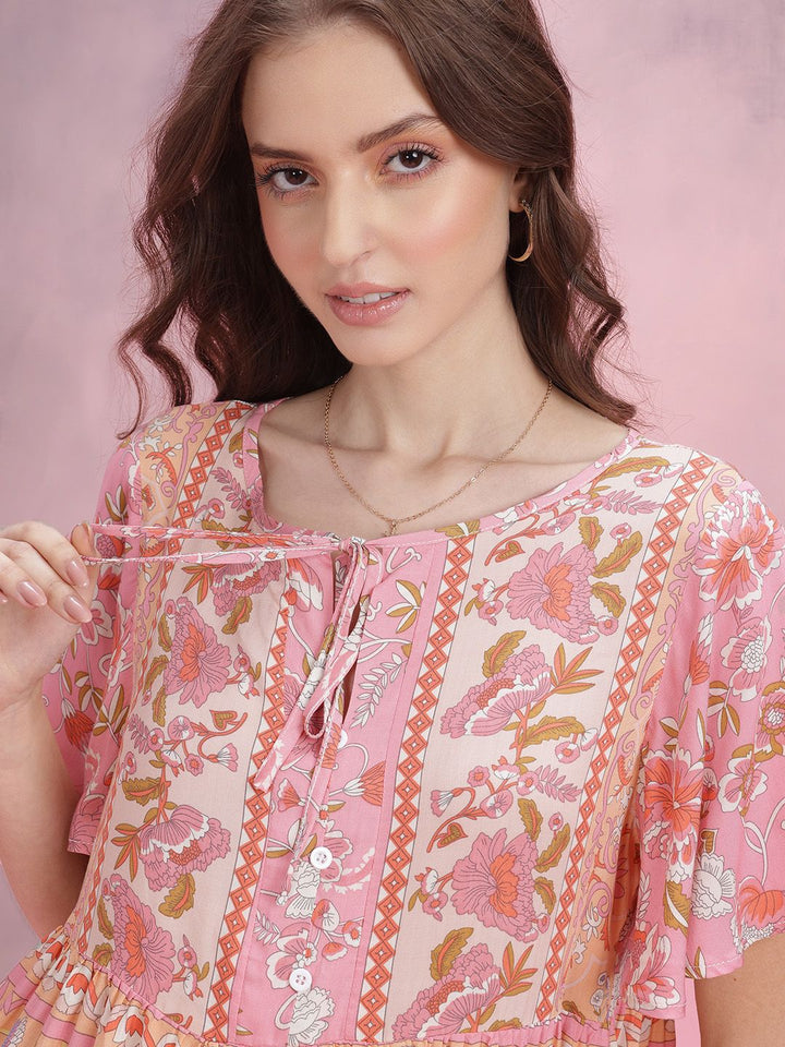 DressBerry Print Tie-Up Neck Ethnic Print A-Line Top