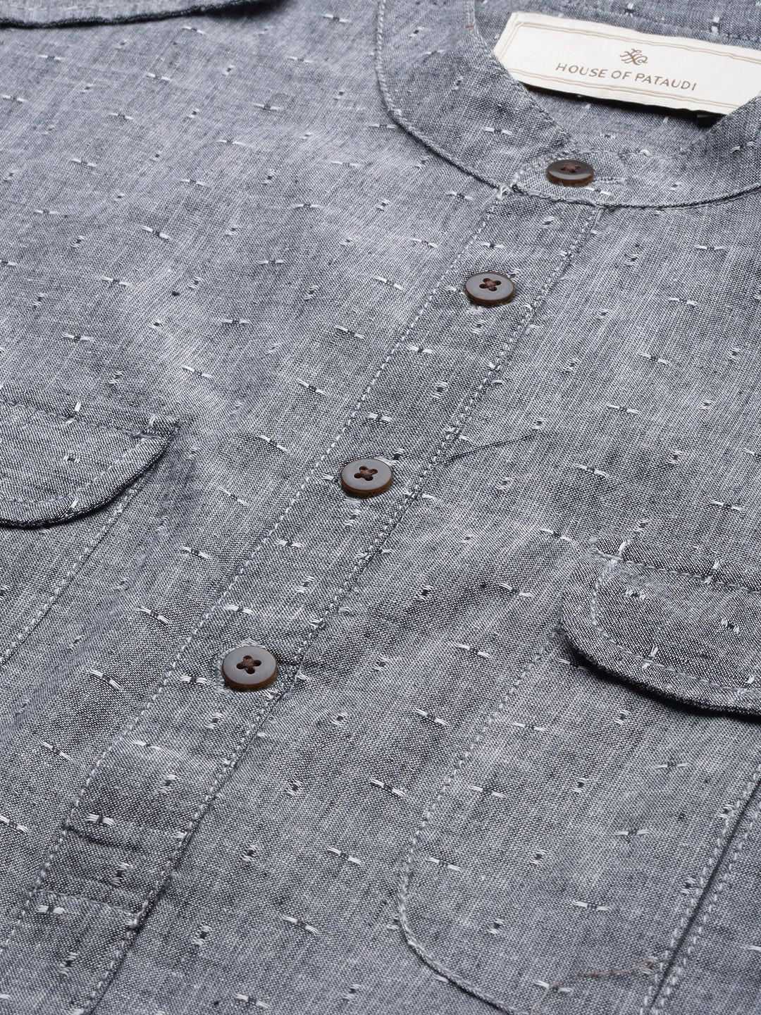 House of Pataudi Men Grey Solid Roll Up Sleeved Pathani Kurta
