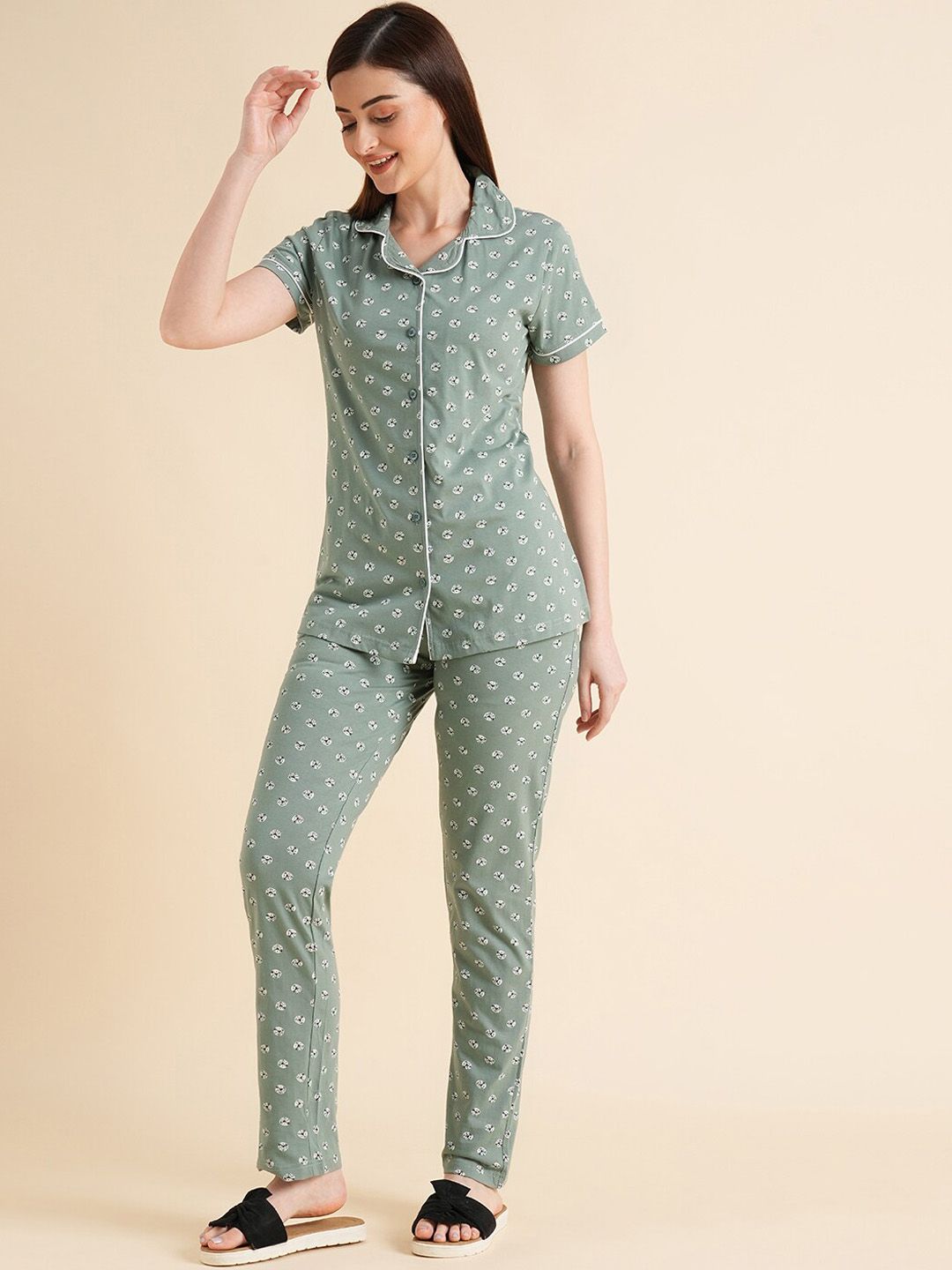 Sweet Dreams Green & White Conversational Printed Pure Cotton Night Suits