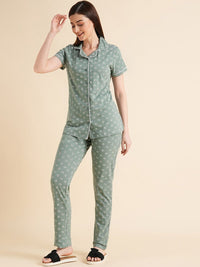Sweet Dreams Green & White Conversational Printed Pure Cotton Night Suits