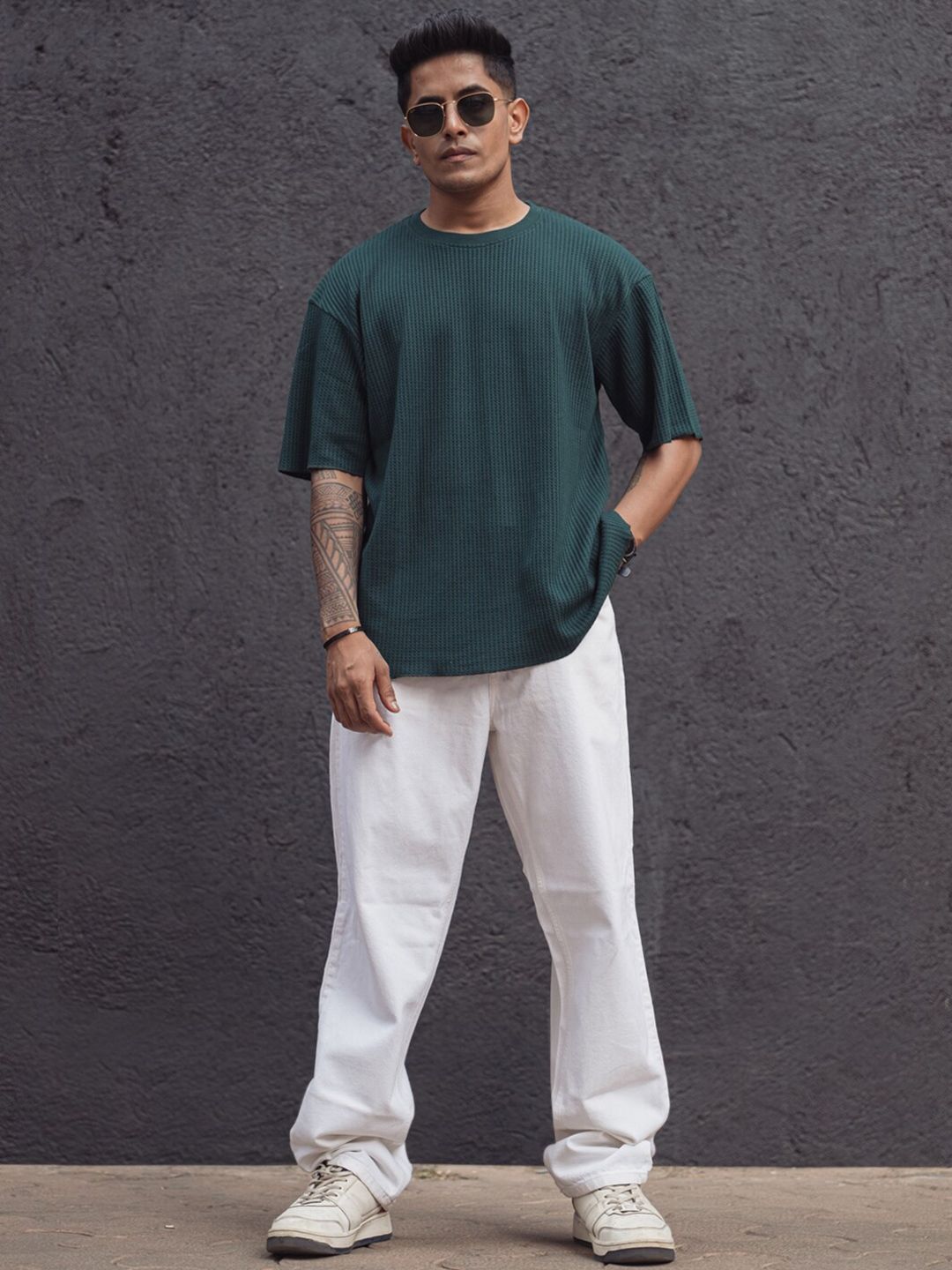 Powerlook Blue Cotton Round Neck Oversized T-shirt