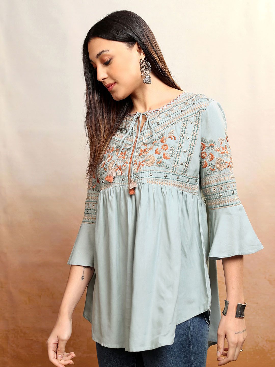 Vishudh Floral Embroidered Tie-Up Neck Bell Sleeves A-Line Kurti