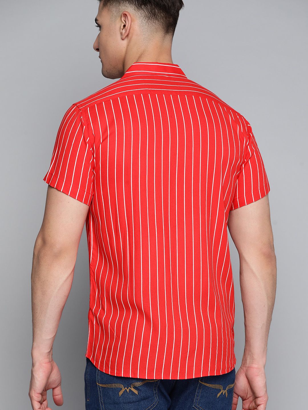 DENNISON Men Red Striped Smart Slim Fit Casual Shirt