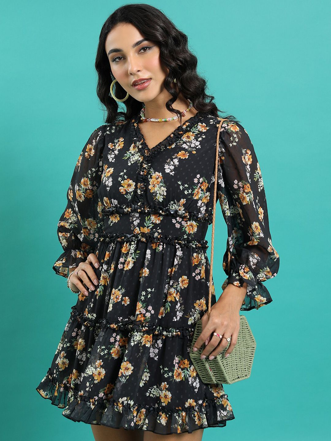 Tokyo Talkies Black Floral Printed Ruffled Detailed V-Neck Puff Sleeve Fit & Flare Dress
