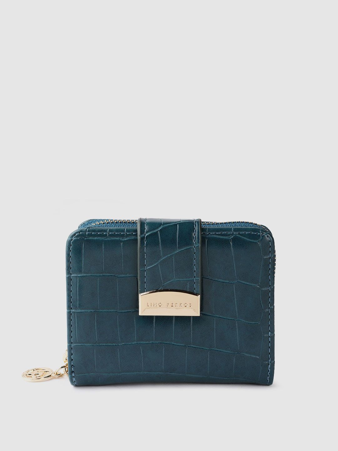 Lino Perros Women Teal Blue Croc Textured Two Fold Wallet