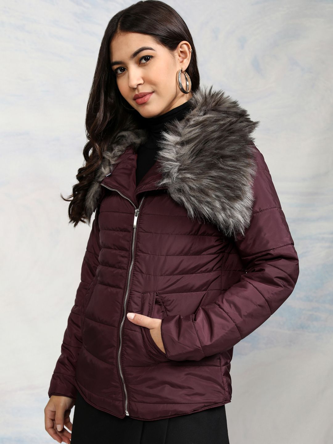 Tokyo Talkies Women Burgundy Solid Puffer Jacket