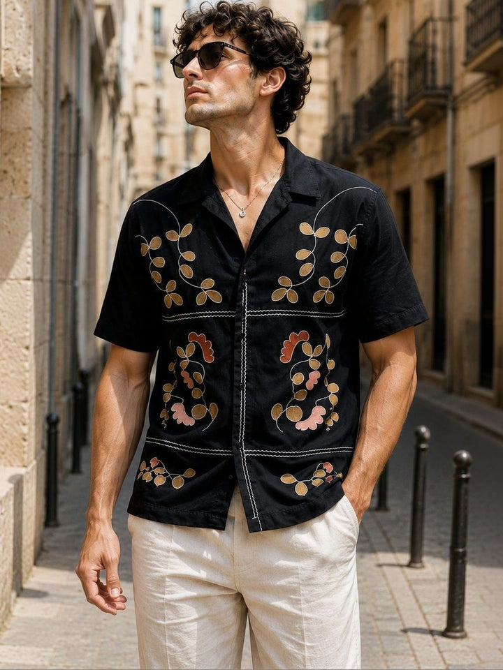 Eszett Men Floral Printed Cuban Collar Cotton Baju Kasual