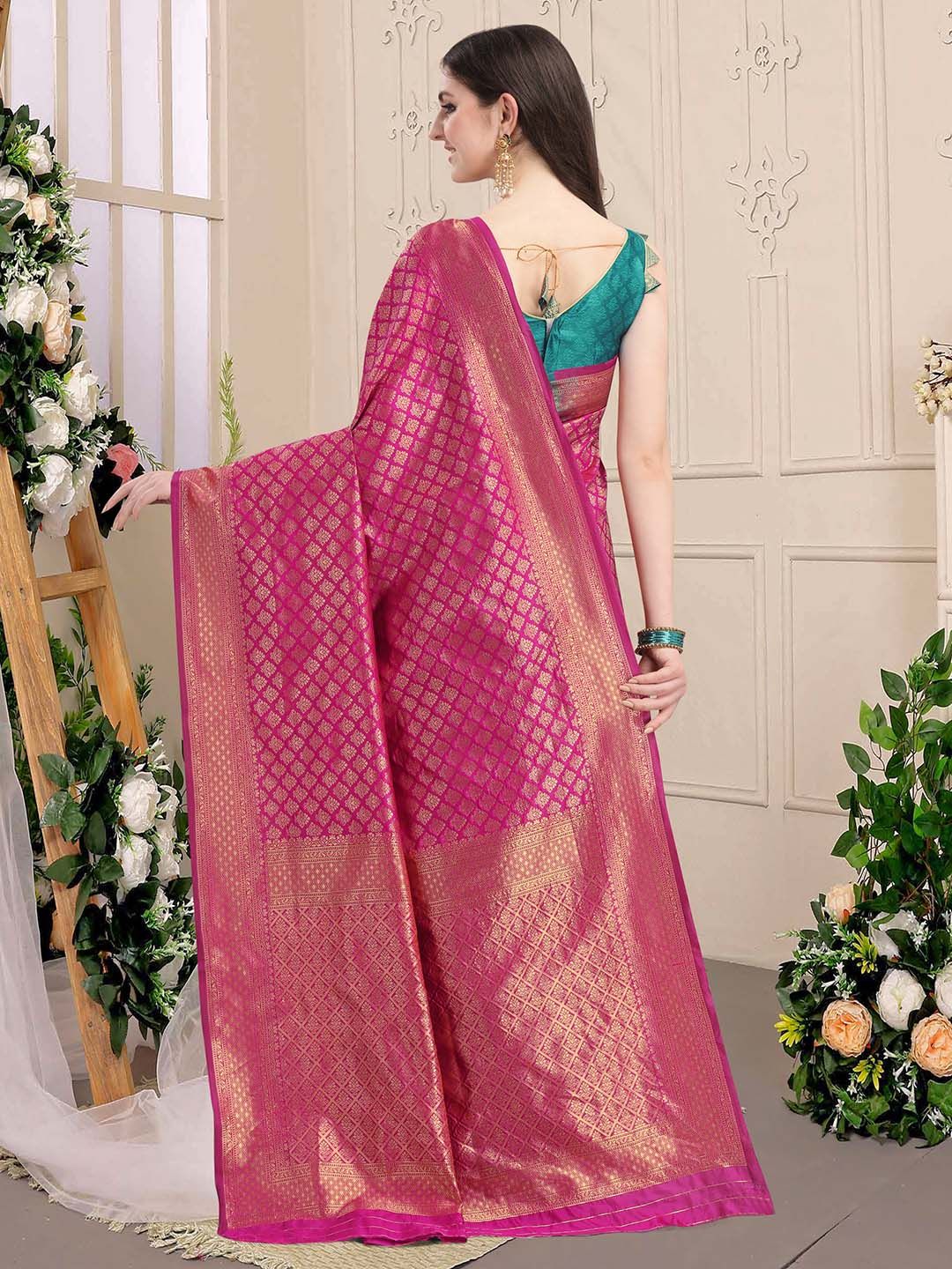 KALINI Green & Pink Ethnic Motifs Zari Silk Blend Half and Half Kanjeevaram Saree