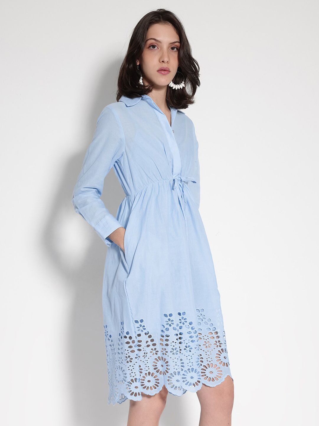 RAREISM Shirt Collar Cuffed Sleeves Cotton Fit & Flare Dress
