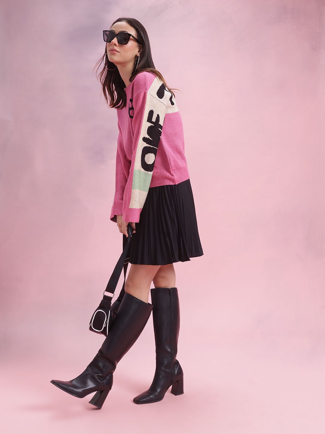 DressBerry Typography Colourblocked Flared Sleeve Pullover