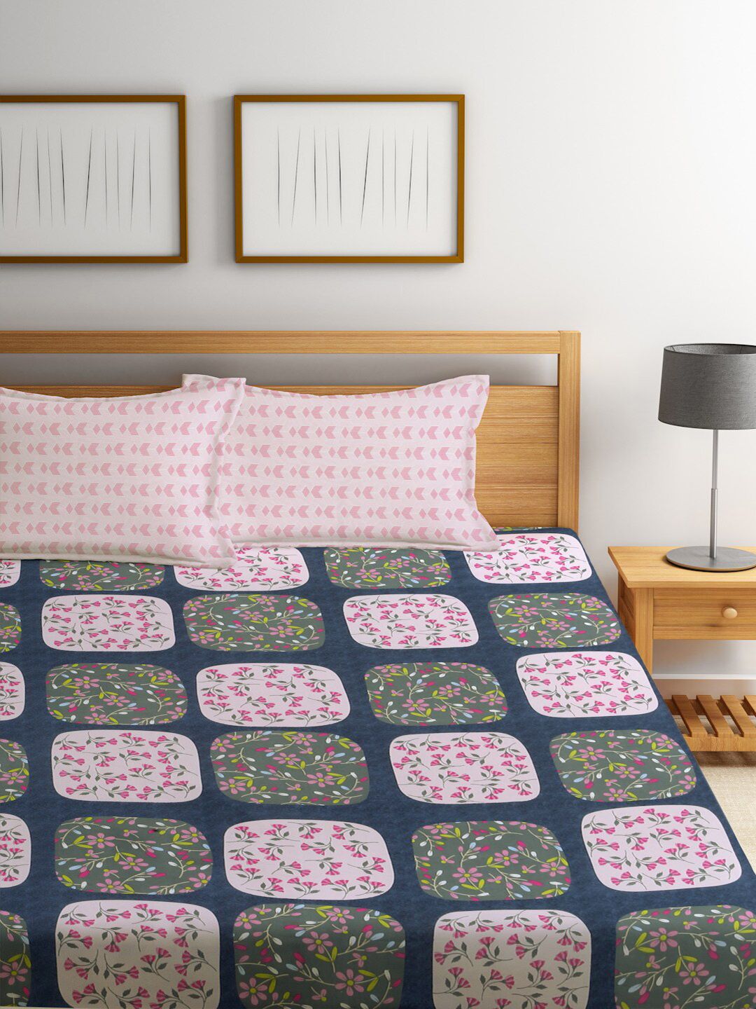 KLOTTHE Blue & Pink Floral Printed 300TC Fitted Double King Bedsheet With 2 Pillow Covers