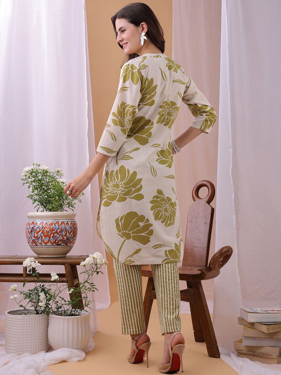 KALINI Floral Printed Pure Cotton Tunic & Trousers Co-Ord Set