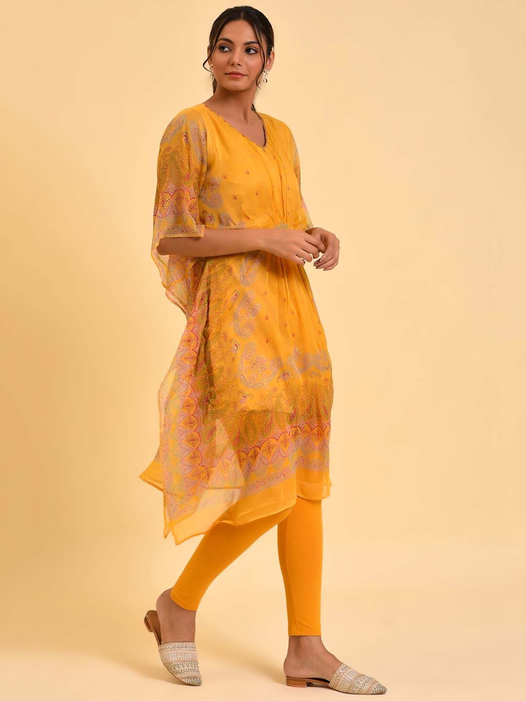 W Women Yellow Ethnic Motifs Printed Embellished Kaftan Kurta With Leggings