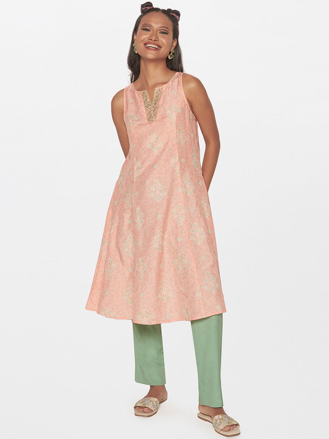Global Desi Geometric Embroidered Sleeveless Boat Neck A-Line Kurta