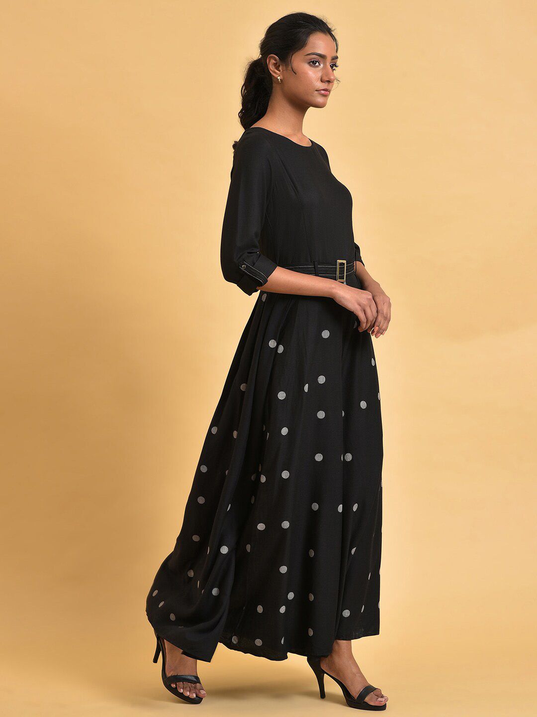 W Black & Grey Polka Dots Printed Pleated Belted Culotte Jumpsuit