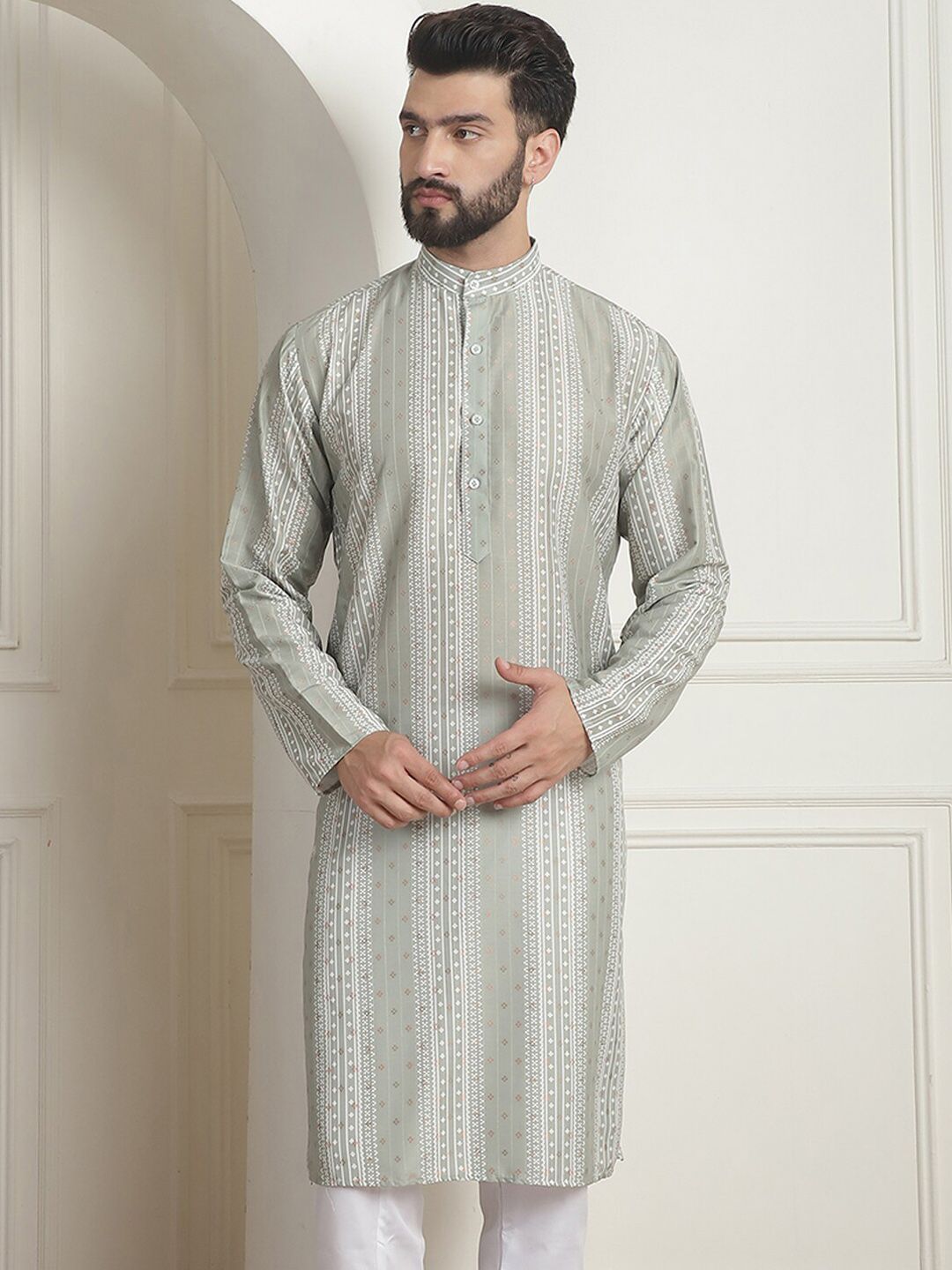 SOJANYA Printed Mandarin Collar Lengan Panjang Kurta Lurus