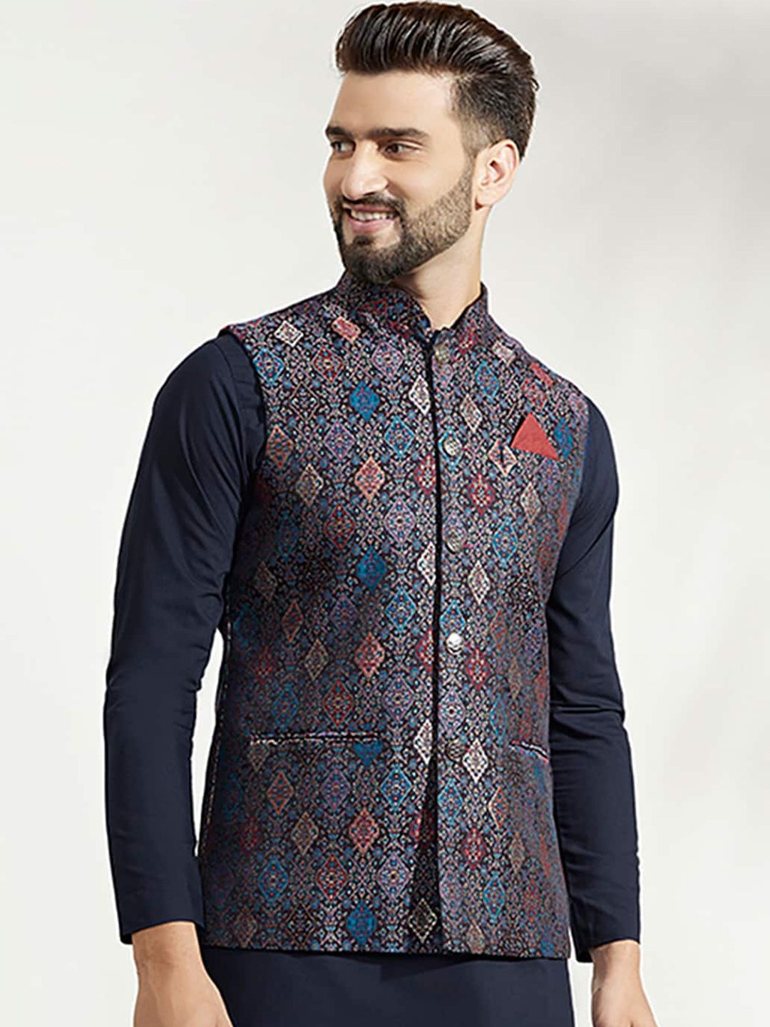 KISAH Men Woven Jacquard Zari  Regular Fit Nehru Jacket