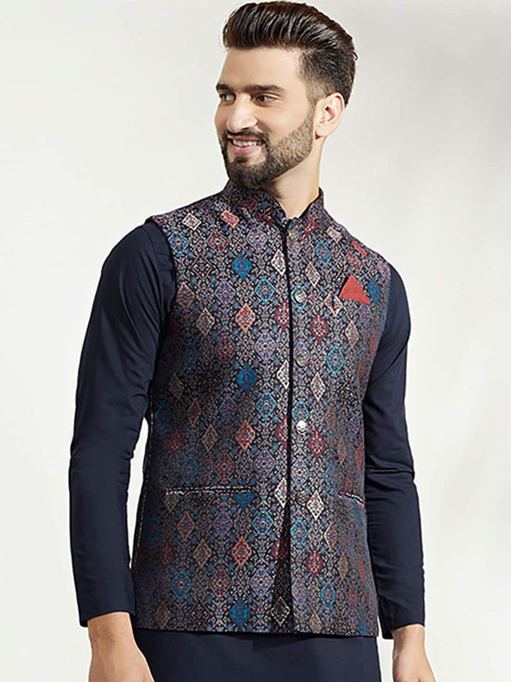 KISAH Men Woven Jacquard Zari  Regular Fit Nehru Jacket