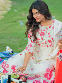 Indo Era Floral Printed Pure Cotton Anarkali Kurta With Trousers & Dupatta