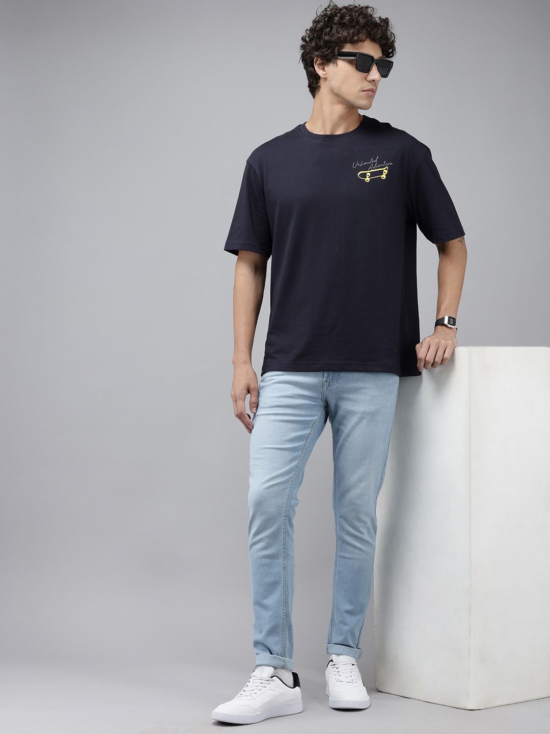 SPYKAR Graphic Printed Drop-Shoulder Sleeves Oversized T-shirt