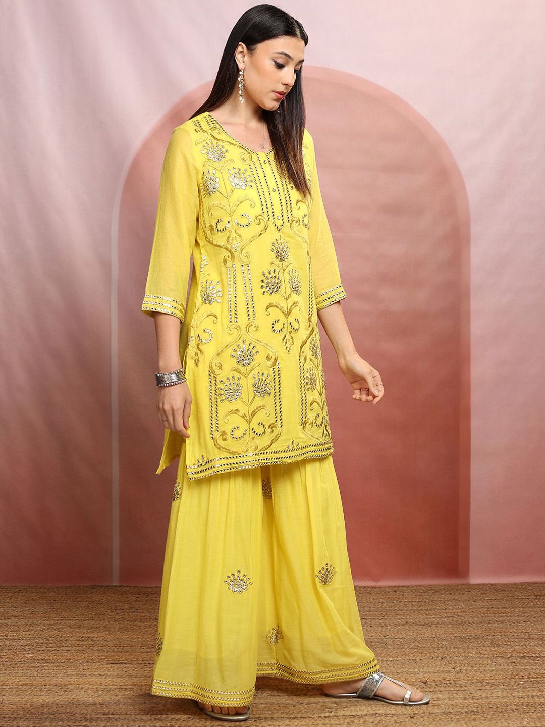 Vishudh Yellow Ethnic Motifs Embroidered Mirror Work Pure Cotton Straight Kurta Set