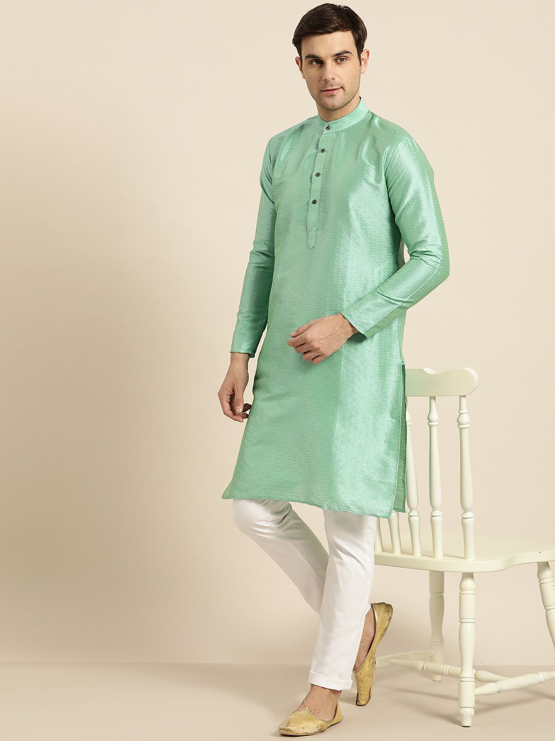 SOJANYA Lelaki Sea Green Woven Design Kurta Lurus