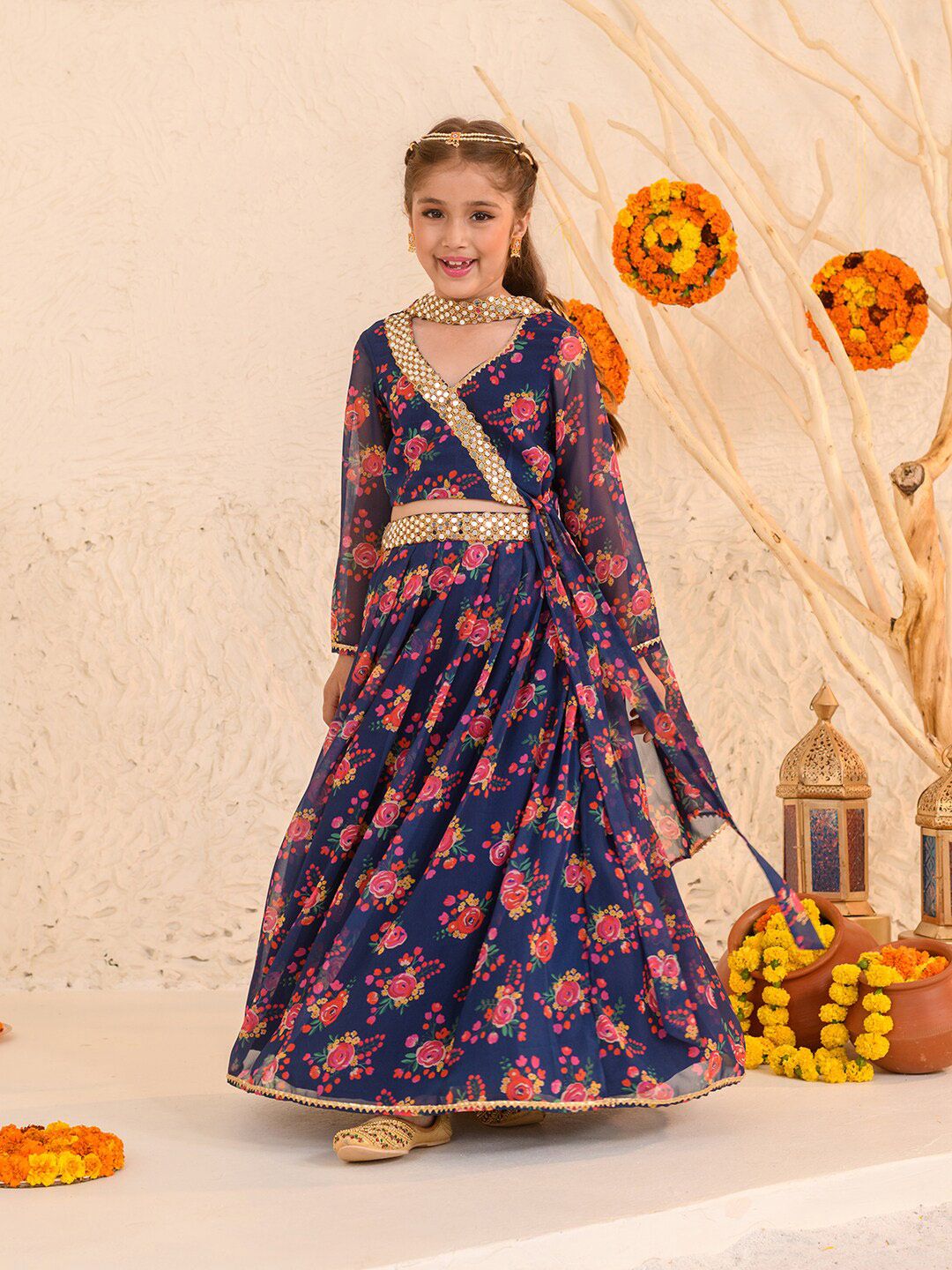 pspeaches Girls Printed Ready to Wear Lehenga & Blouse With Dupatta