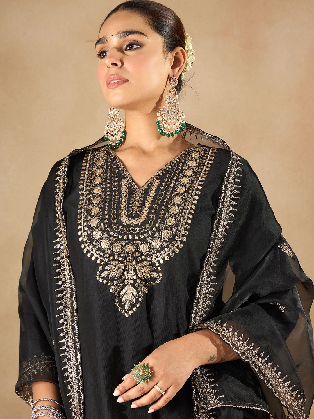 Indo Era Women Ethnic Motifs Embroidered Regular Liva Kurta with Trousers & With Dupatta