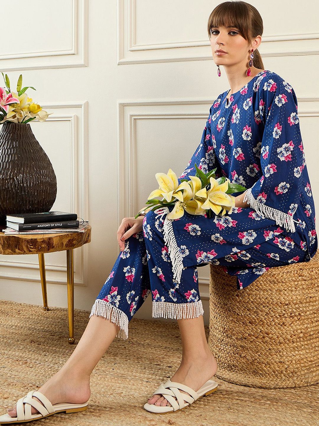 Indo Era Floral Printed Pure Cotton Tunic & Trouser Co-Ords