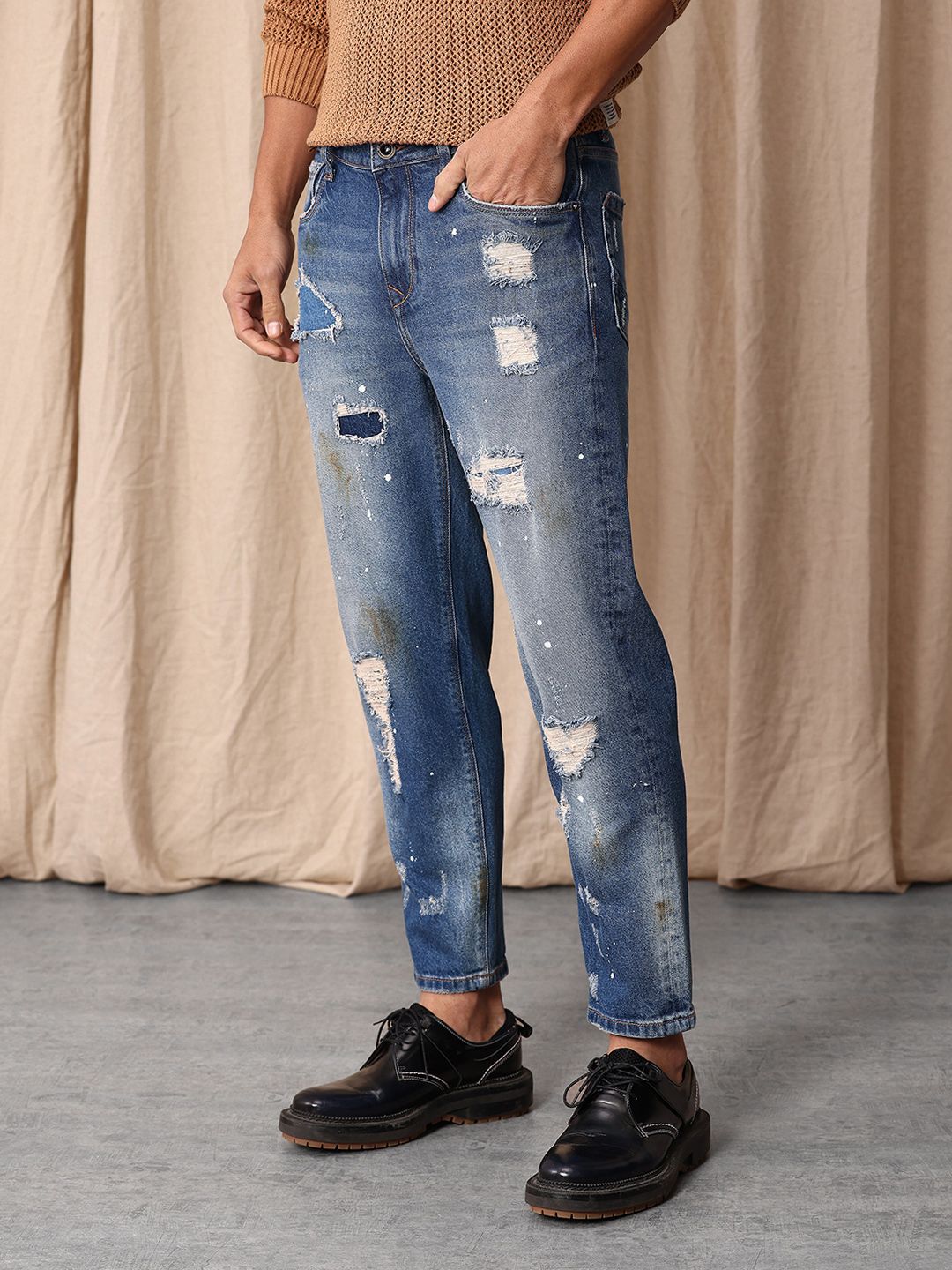 Mr Bowerbird Men Cropped Tapered Fit Mildly Distressed Heavy Fade Printed Jeans