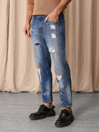 Mr Bowerbird Men Cropped Tapered Fit Mildly Distressed Heavy Fade Printed Jeans