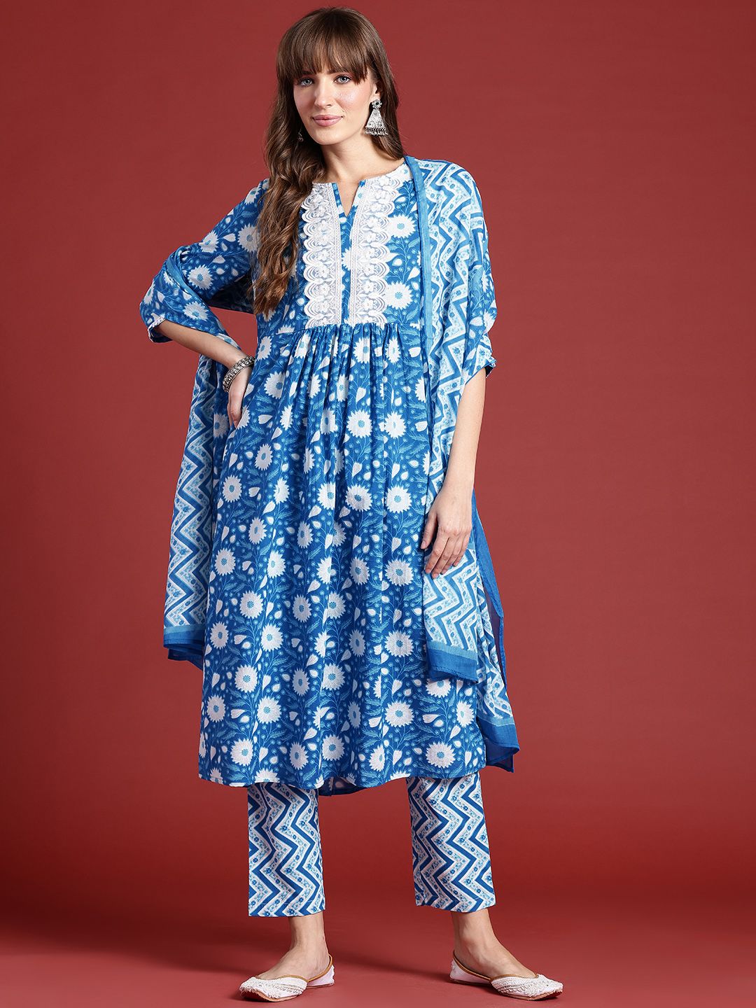 Anouk Floral Print Pleated Thread Work Kurta with Trousers & Dupatta