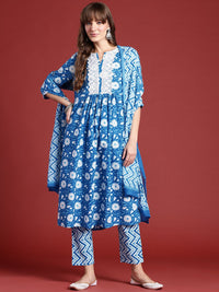 Anouk Floral Print Pleated Thread Work Kurta with Trousers & Dupatta