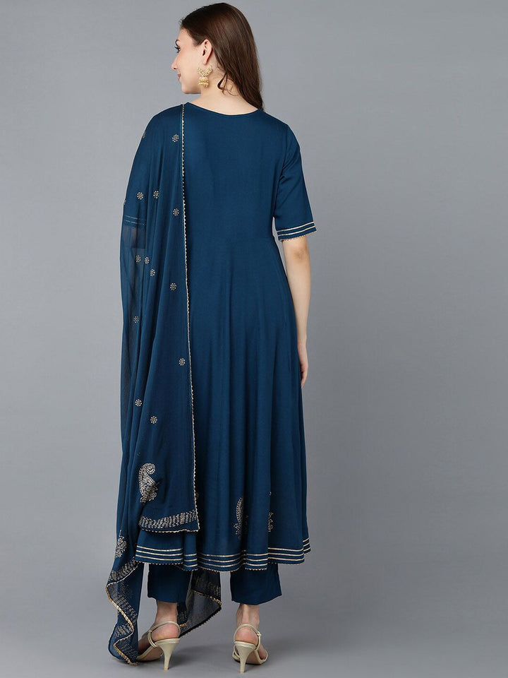 KALINI Ethnic Motifs Embroidered Round Neck Sequinned Empire Kurta With Trouser & Dupatta