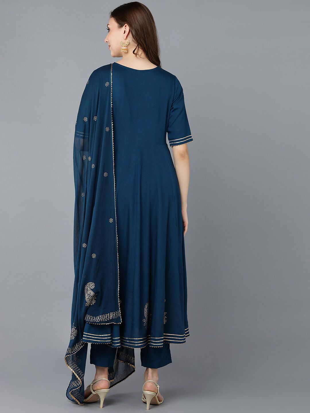 KALINI Ethnic Motifs Embroidered Round Neck Sequinned Empire Kurta With Trouser & Dupatta