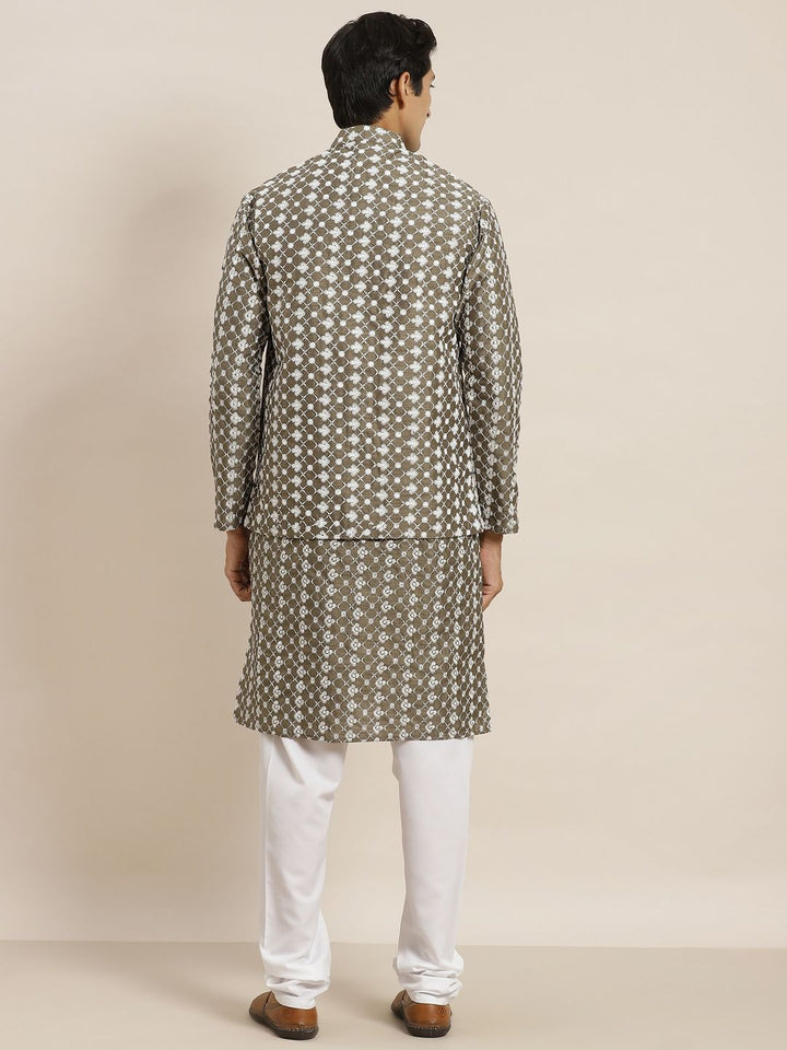SOJANYA Men Olive Green & White Ethnic Motifs Embroidered Kurta with Churidar & Jacket