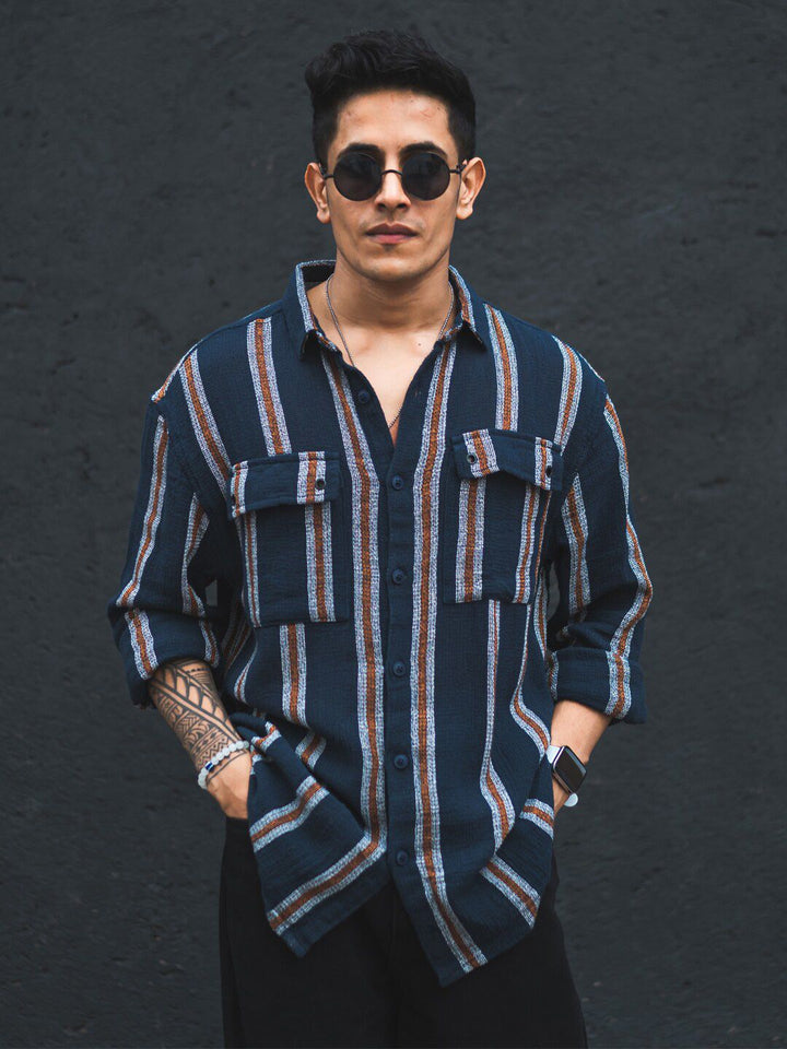 Powerlook Blue India Slim Striped Oversized Casual Shirt