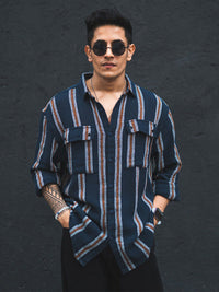 Powerlook Blue India Slim Striped Oversized Casual Shirt