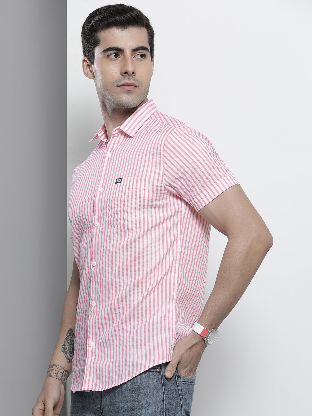 The Indian Garage Co Men Pink Comfort Striped Regular Fit Cotton Casual Shirt